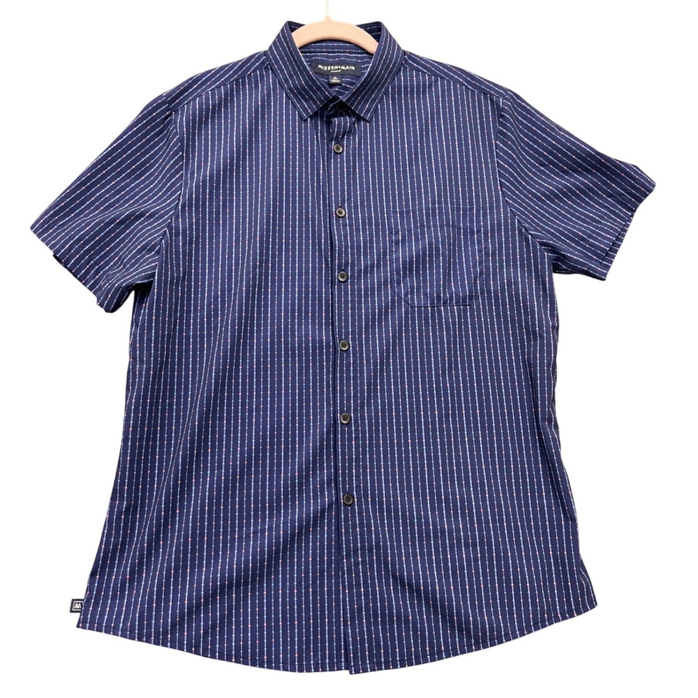 Mizzen+Main Leeward Shirt Mens Large Navy Blue Arrow Stripe Trim Fit Performance
